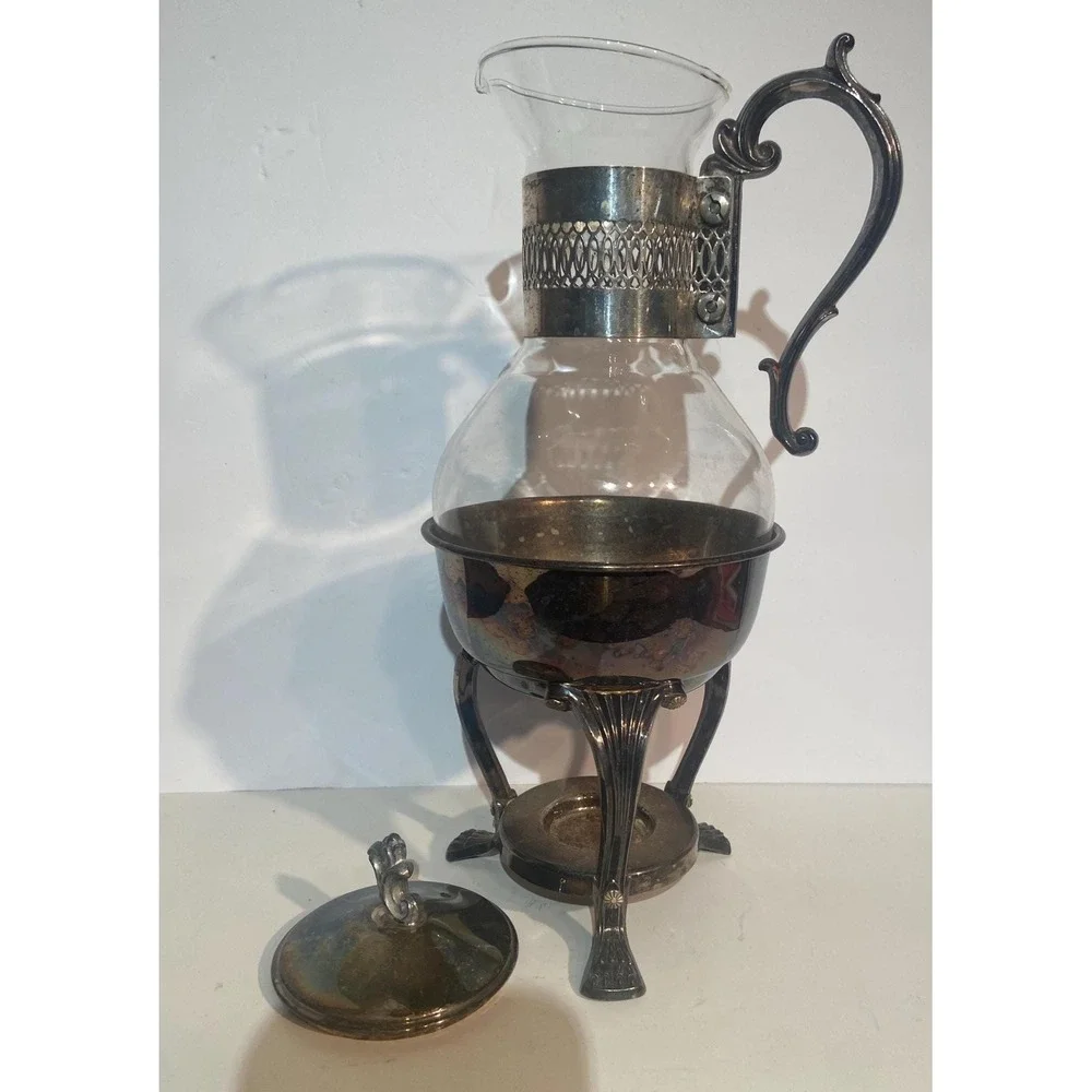 Vintage Silver Plate and Glass Coffee Tea Carafe Warming Stand